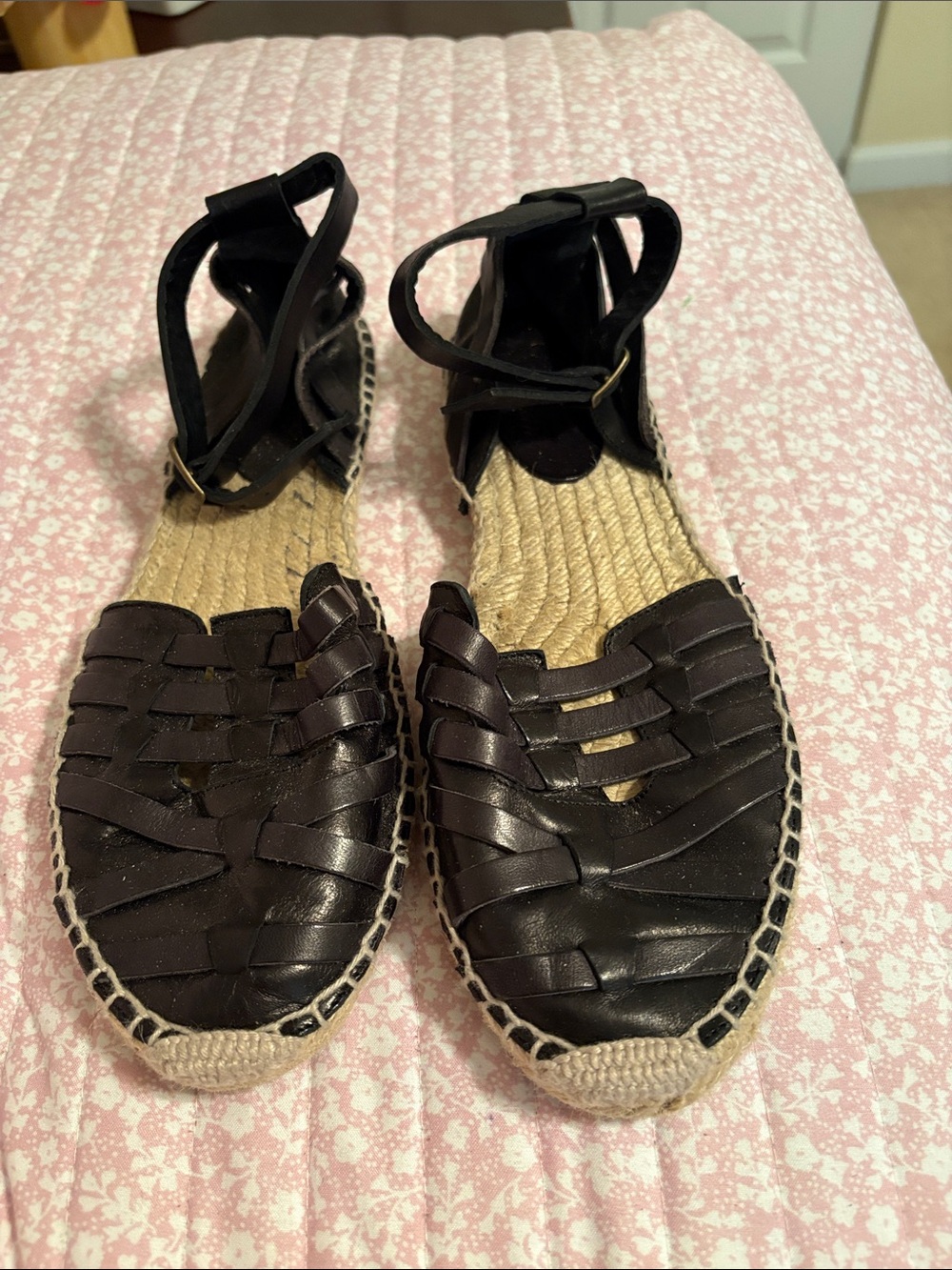 Delman Black Woven Leather Espadrilles with Ankle Strap